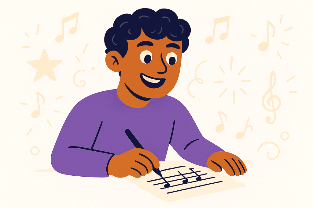 character writing music